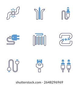 Cable icon set. Bold line style. Duotone colors. Editable stroke. broken cable, cables, audio jack, cable, connecting tubes, usb connection, ethernet, jack.