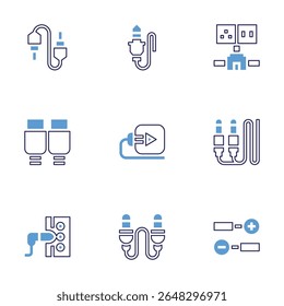 Cable icon set. Bold line style. Duotone colors. Editable stroke. audio jack, jack connector, wiring, hdmi, plug and play, jack, positive.