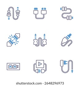 Cable icon set. Bold line style. Duotone colors. Editable stroke. audio jack, cable, usb cable, wire connection, jack connector, network, plug and play, charger.