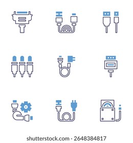 Cable icon set. Bold line style. Duotone colors. Editable stroke. vga cable, data, connector, cables, power, cable, usb, cd reader.