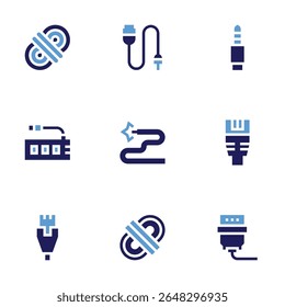 Cable icon set. Bold style. Duotone colors. wire, ethernet, rope, connectivity, plug, vga, usb port.