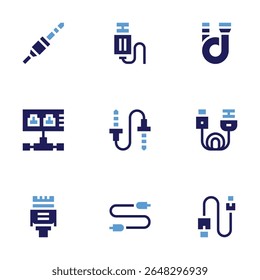 Cable icon set. Bold style. Duotone colors. plug, usb cable, wire, ethernet, cable, hdmi, hdmi cable, audio jack, usb.