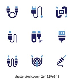 Cable icon set. Bold style. Duotone colors. cable, charger, wire, usb, vga, jack, cord, audio jack.