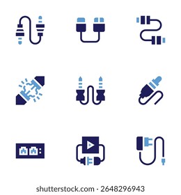 Cable icon set. Bold style. Duotone colors. audio jack, cable, usb cable, wire connection, jack connector, network, plug and play, charger.