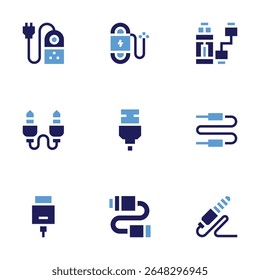 Cable icon set. Bold style. Duotone colors. extension cable, audio jack, hdmi, wire, usb connection, cable, connector, usb charger.