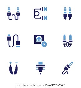 Cable icon set. Bold style. Duotone colors. auxiliary cable, usb cable, jack, usb, connection error, audio jack, wires, vga cable.