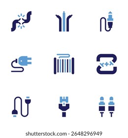 Cable icon set. Bold style. Duotone colors. broken cable, cables, audio jack, cable, connecting tubes, usb connection, ethernet, jack.