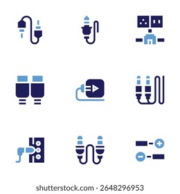 Cable icon set. Bold style. Duotone colors. audio jack, jack connector, wiring, hdmi, plug and play, jack, positive.