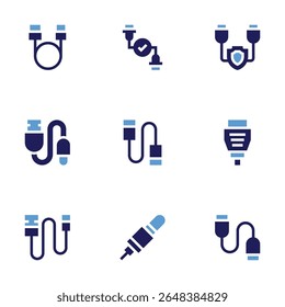 Cable icon set. Bold style. Duotone colors. usb cable, successful connection, usb, hdmi, connector, jack, cable.