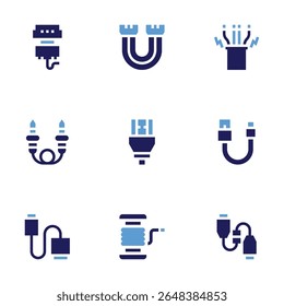 Cable icon set. Bold style. Duotone colors. vga, ribbon cable, cable, hdmi, usb cable, reel.
