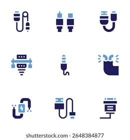 Cable icon set. Bold style. Duotone colors. cable, antenna, usb cable, vga cable, jack, electricity, hdmi.