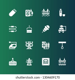 Cable Icon Set. Collection Of 16 Filled Cable Icons Included Golden Gate, Ethernet, Electric Tower, Crane, Rope, Voltmeter, Iron, Electric Car, Karaoke, Chairlift, Connector, Usb