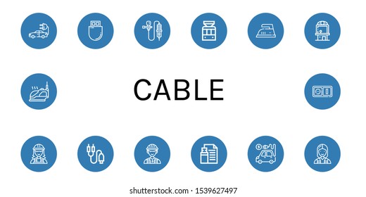 cable icon set. Collection of Electric car, Flash drive, Lavalier, Tramway, Iron, Claw machine, Electrician, Jack connector, Electric vehicle, Plug icons