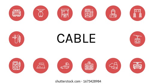 cable icon set. Collection of Tram, Claw machine, Multimeter, Electrician, Pulley, Iron, Electric car, Vga, Flash drive, Lavalier, Cable car icons