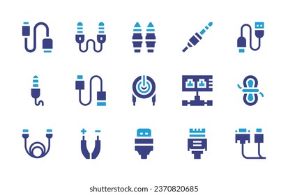 Conjunto de iconos de cable. Color de duotona. Ilustración vectorial. Contiene cable auxiliar, usb, cables, cuerda, cable, cable, ethernet, jack, cable hdmi.