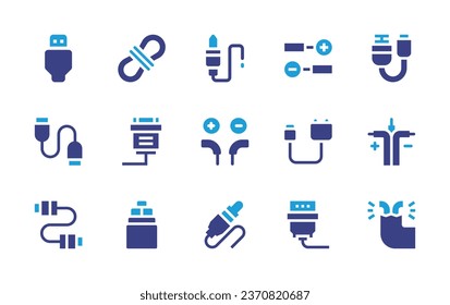 Cable icon set. Duotone color. Vector illustration. Containing usb cable, cables, cable, audio jack, power generation, jack connector, positive, charger, vga, rope, hdmi, optical fiber.
