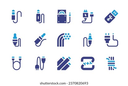 Cable icon set. Duotone color. Vector illustration. Containing usb drive, plug, rope, jack cable, hdmi cable, audio jack, jack connector, charge, charger, connecting tubes, cd reader, optical fiber.