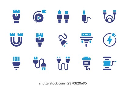 Cable icon set. Duotone color. Vector illustration. Containing electricity, reel, antenna, power cable, plug and play, cable, network cable, usb, vga, hdmi.