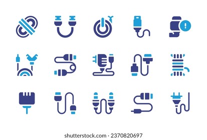 Cable icon set. Duotone color. Vector illustration. Containing cable, hdmi cable, usb plug, adapter, port, rope, power plug, cord, charger, audio jack, ethernet.