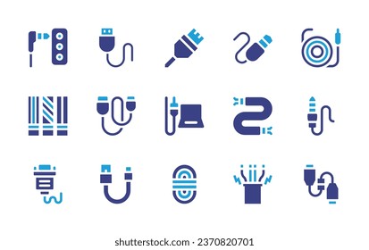 Cable icon set. Duotone color. Vector illustration. Containing wire, cable, usb, jack, hdmi cable, audio jack, rope.