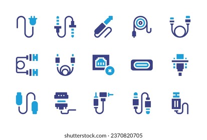 Conjunto de iconos de cable. Color de duotona. Ilustración vectorial. Conteniendo enchufes, usb, cable, cable, puerto usb, toma de audio, error de conexión, jack, vga.