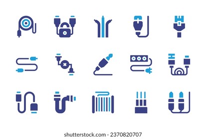 Cable icon set. Duotone color. Vector illustration. Containing audio jack, cables, cable, audio, ethernet, data, usb, network, extension cable.