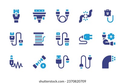 Cable icon set. Duotone color. Vector illustration. Containing reel, broken cable, wires, cable, usb connection, usb, network, jack, vga cable, optical fiber.