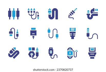 Cable icon set. Duotone color. Vector illustration. Containing jack cable, cable, network, jack connector, jack, audio jack, ethernet, wire, rca, hdmi, telephone.