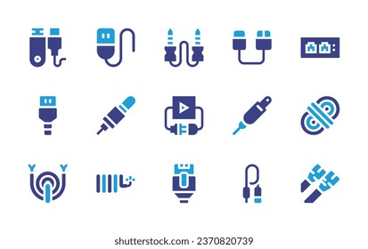 Cable icon set. Duotone color. Vector illustration. Containing usb, jack, copper, cable, audio jack, plug and play, lan, usb, cord, network, rope.