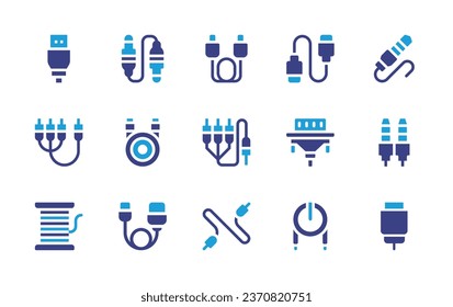 Cable icon set. Duotone color. Vector illustration. Containing audio jack, usb cable, rca, copper wire, vga, cable, jack, usb, ethernet.