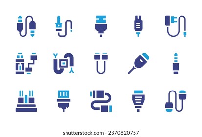 Conjunto de iconos de cable. Color de duotona. Ilustración vectorial. Con cable usb, cable hdmi, toma de audio, cable, vga, cargador, enchufe, hdmi, conexión usb, sata, cable, conector jack, cargador usb, fibe óptica