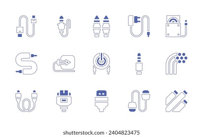 Cable icon set. Duotone color. Vector illustration. Containing jack cable, cable, hdmi cable, jack connector, charger, plug and play, plug, hdmi, usb, cd reader, optical fiber.