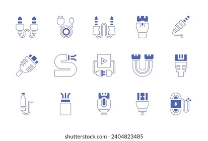 Cable icon set. Duotone color. Vector illustration. Containing network cable, ribbon cable, hdmi cable, audio jack, plug and play, rj, ethernet, lan, jack, wire, charger, optical fiber.