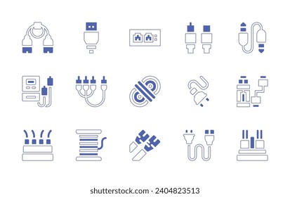 Cable icon set. Duotone color. Vector illustration. Containing antenna, usb cable, power cable, rca, cable, copper wire, network, usb plug, jack connector, rope, charger, usb charger, lan, optical.