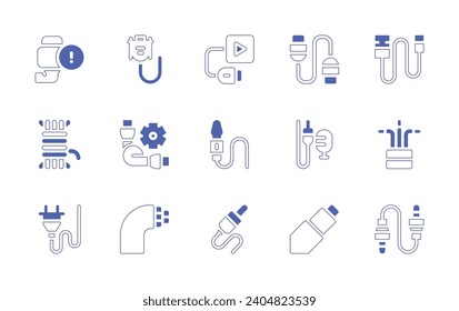 Cable icon set. Duotone color. Vector illustration. Containing vga cable, cable, usb cable, audio jack, port, connector, plug and play, rope, wires, power plug, jack connector, optical fiber.