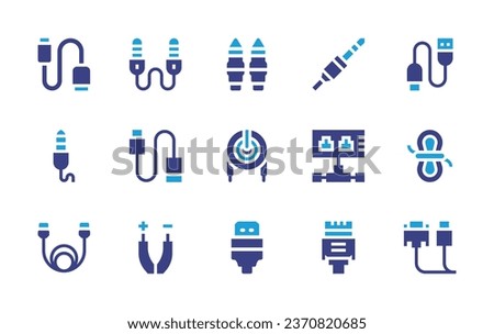 Cable icon set. Duotone color. Vector illustration. Containing auxiliary cable, usb, wires, rope, plug, cable, ethernet, jack, hdmi cable.