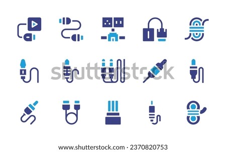 Cable icon set. Duotone color. Vector illustration. Containing cable, usb cable, vga, plug, audio jack, plug and play, jack connector, rope, wiring, jack, optical fiber.