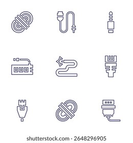 Cable icon set. Line style. Editable stroke. wire, ethernet, rope, connectivity, plug, vga, usb port.