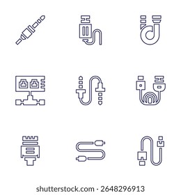 Cable icon set. Line style. Editable stroke. plug, usb cable, wire, ethernet, cable, hdmi, hdmi cable, audio jack, usb.
