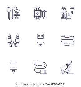 Cable icon set. Line style. Editable stroke. extension cable, audio jack, hdmi, wire, usb connection, cable, connector, usb charger.