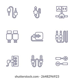 Cable icon set. Line style. Editable stroke. audio jack, jack connector, wiring, hdmi, plug and play, jack, positive.