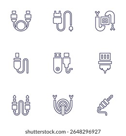 Cable icon set. Line style. Editable stroke. cable, charger, wire, usb, vga, jack, cord, audio jack.