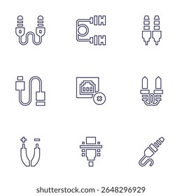 Cable icon set. Line style. Editable stroke. auxiliary cable, usb cable, jack, usb, connection error, audio jack, wires, vga cable.