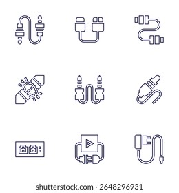 Cable icon set. Line style. Editable stroke. audio jack, cable, usb cable, wire connection, jack connector, network, plug and play, charger.
