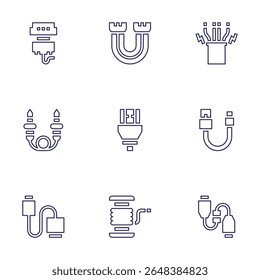 Cable icon set. Line style. Editable stroke. vga, ribbon cable, cable, hdmi, cable reel.