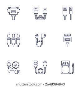 Cable icon set. Line style. Editable stroke. vga cable, data, connector, cables, power, cable, usb cable, cd reader.