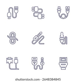 Cable icon set. Line style. Editable stroke. usb cable, cable, usb, rope, jack, network.