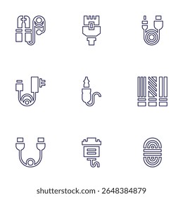 Cable icon set. Line style. Editable stroke. jumper, network cable, sound, charger, cable, usb cable, hdmi, rope.