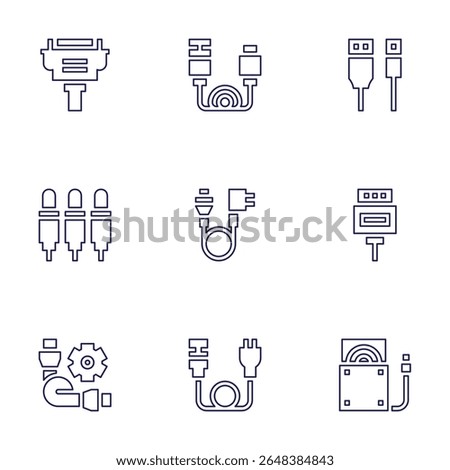 Cable icon set. Line style. Editable stroke. vga cable, data, connector, cables, power, cable, usb cable, cd reader.
