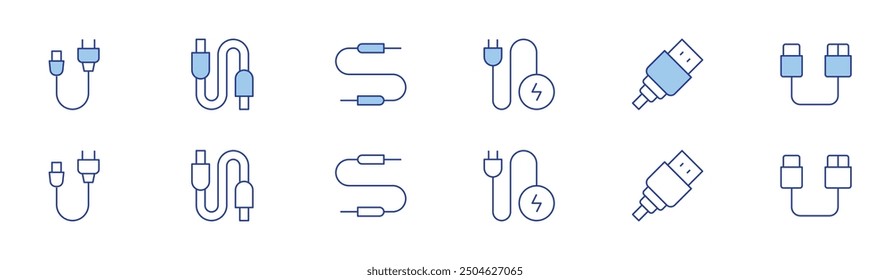 Icono de cable establecido en dos estilos, Duotone y estilo de línea fina. Edición de carrera. cable, cable de alimentación, cable USB, conector jack.